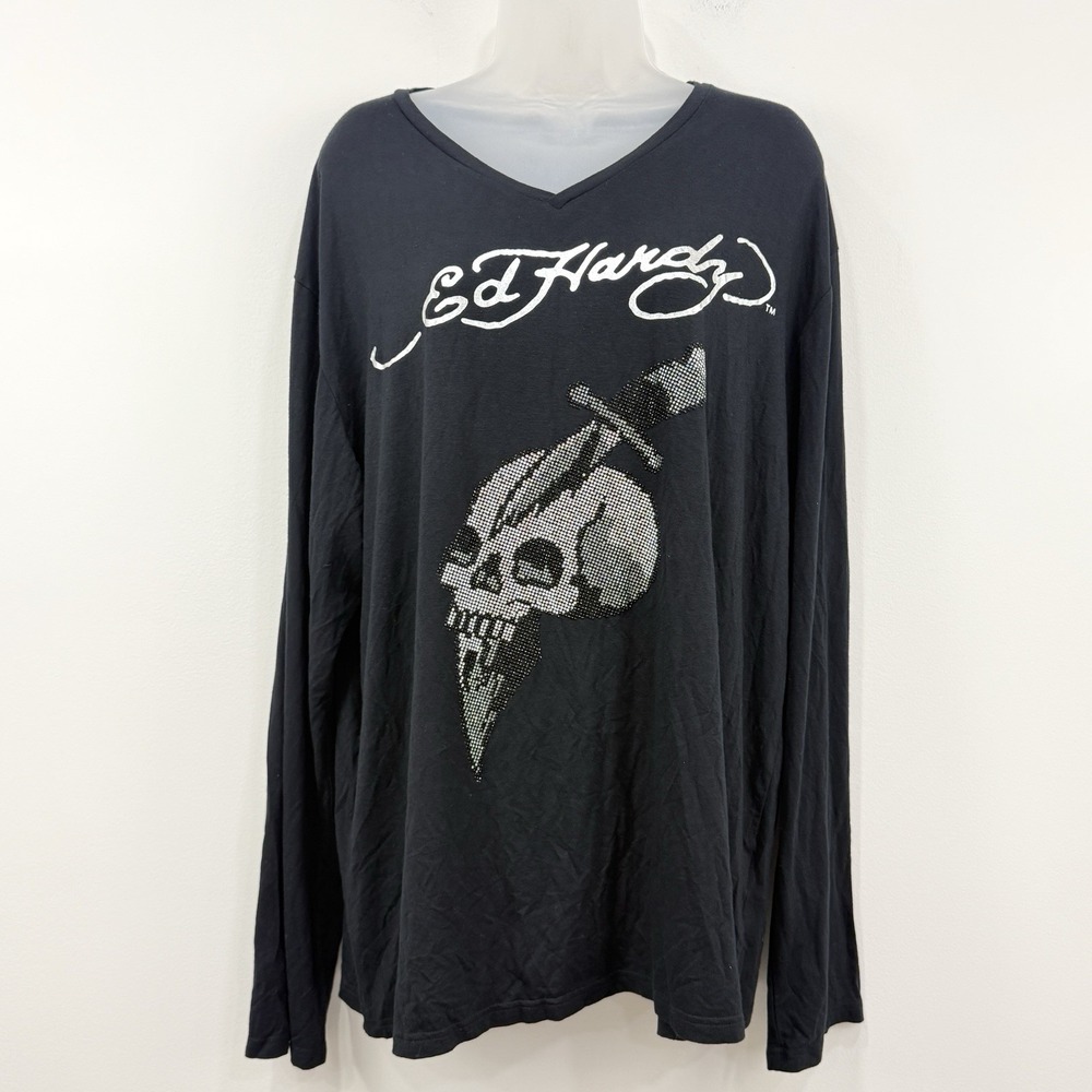VTG Y2K Ed Hardy Top Womens XL Skull Dagger Rhinestone Goth Grunge Spell Out